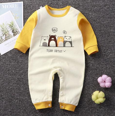 Baby onesie with yellow sleeves and cuffs featuring cartoon teddy bears and text 'Teddy Family' on front