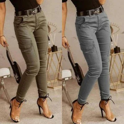 Side-by-side image of women wearing high-waisted slim-fit cargo pants in olive green and gray with black belt, paired with black high-heeled sandals.
