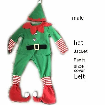 Male elf costume set with green jacket and pants, red striped cuffs, red elf shoes and pointy hat