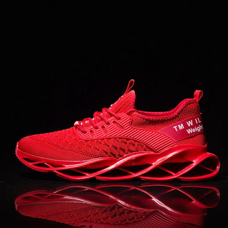 Modern red lightweight athletic sneaker with woven upper and unique hollow sole on black background