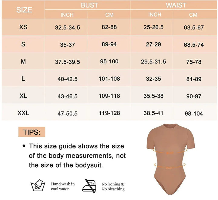 Size guide chart for bodysuit with bust and waist measurements in inches and cm, plus care tips