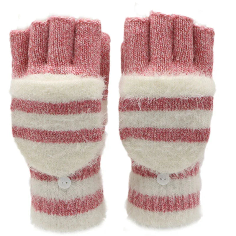 Pink and white striped fingerless gloves with removable mitten flaps and button closure