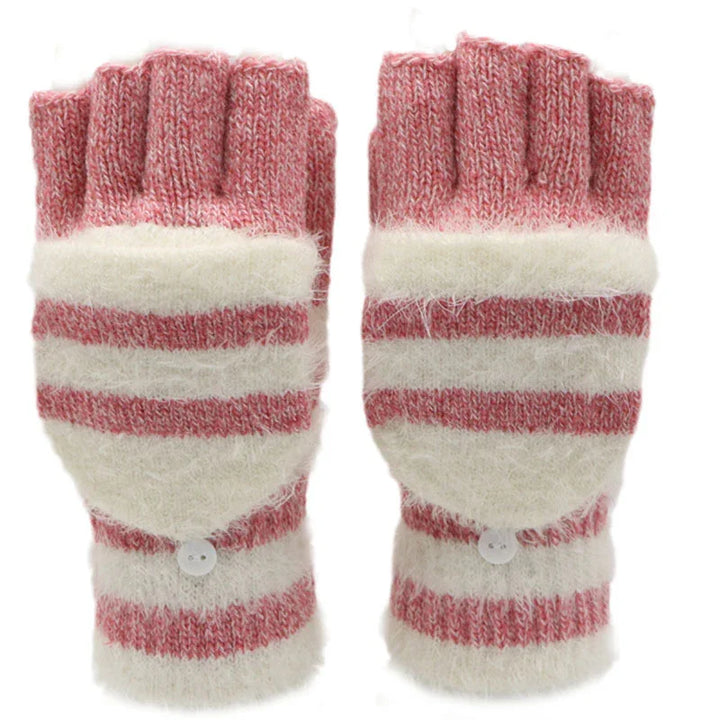Pink and white striped fingerless gloves with removable mitten flaps and button closure