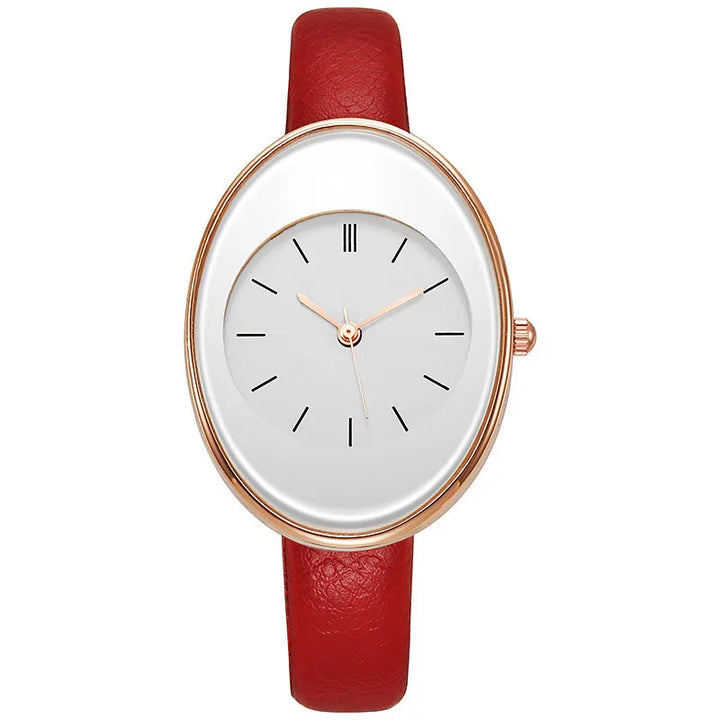 Oval gold watch with white dial, minimalist black hour markers, and red leather strap