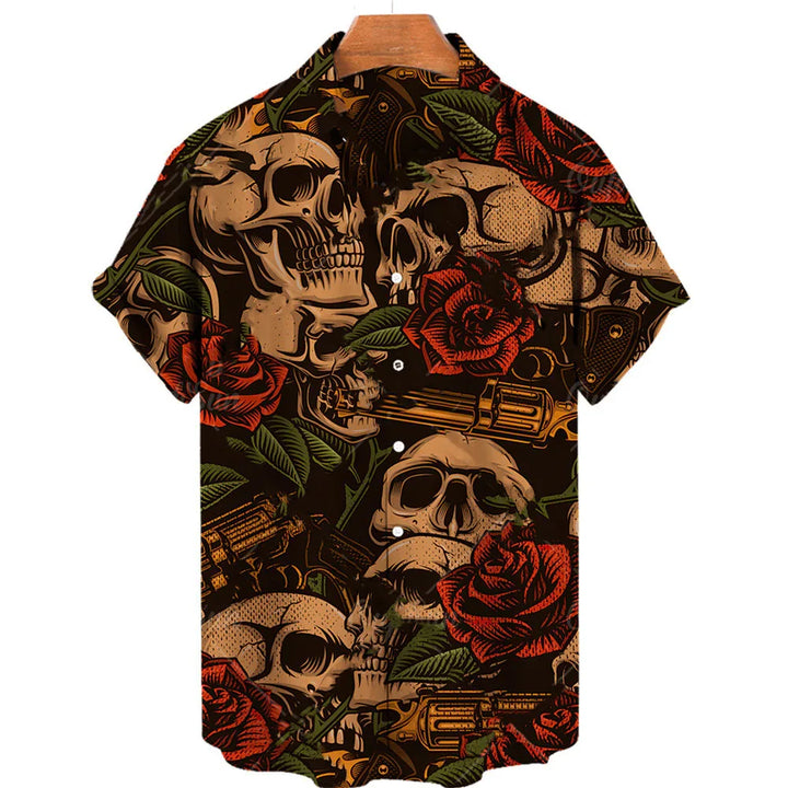 Short-sleeve button-up shirt with skull, red rose, and revolver gun pattern on black background