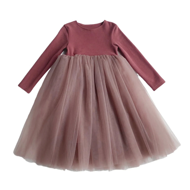Mauve long-sleeve bodice dress with full pink tulle skirt for girls