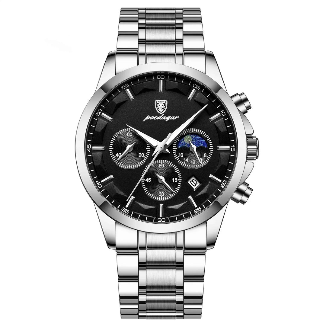 Silver stainless steel men's wristwatch with black dial, chronograph subdials, and date window