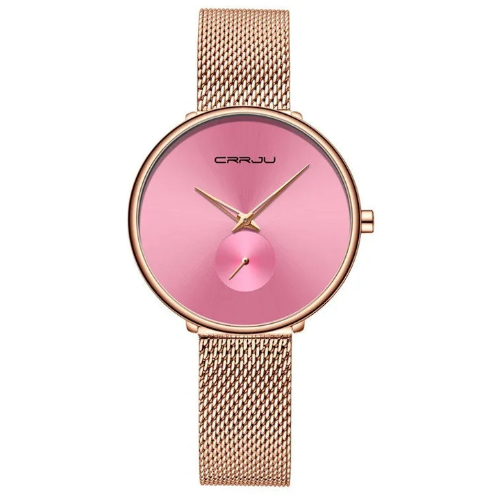 CRRJU rose gold mesh band wristwatch with pink dial and minimalist design