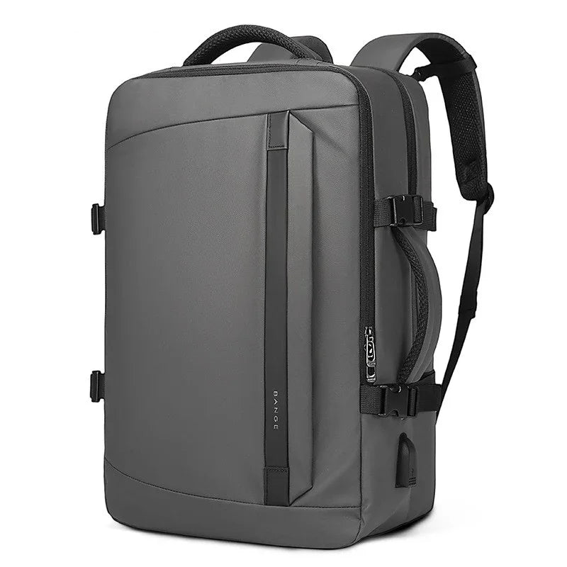 Sleek gray BANGE backpack with padded straps, side buckle closures, and vertical front zipper pocket