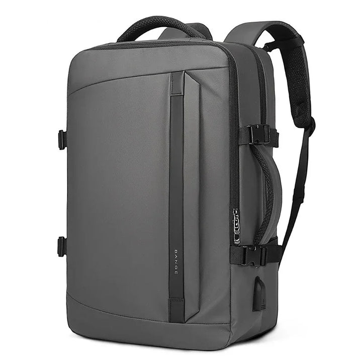Sleek gray BANGE backpack with padded straps, side buckle closures, and vertical front zipper pocket