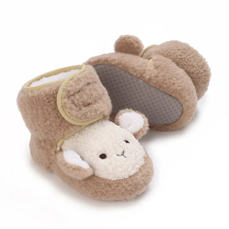Soft beige baby booties with teddy bear face and ears, fleece-lined and non-slip soles