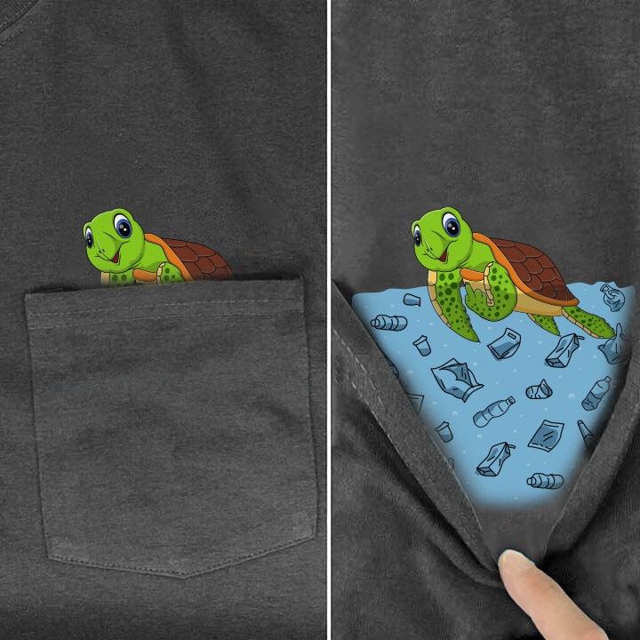 Gray pocket t-shirt with a cartoon turtle peeking from the pocket and hidden plastic pollution illustration inside