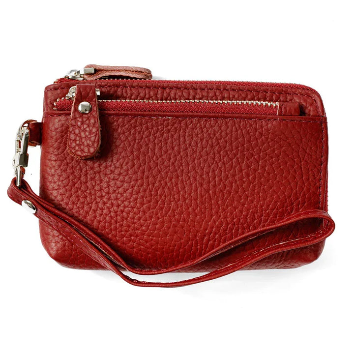 Red textured leather wristlet wallet with dual zipper pockets and wrist strap