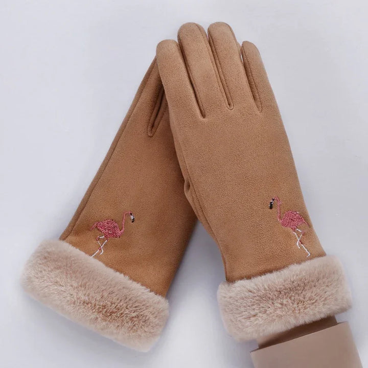 Brown suede winter gloves with faux fur cuffs and pink flamingo embroidery on each hand