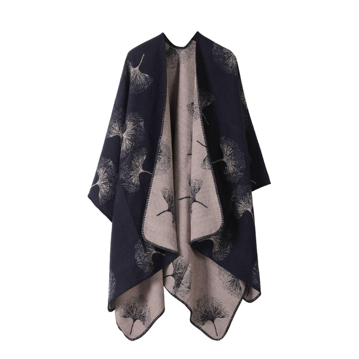 Reversible knit shawl with delicate tree leaf pattern in navy blue and beige