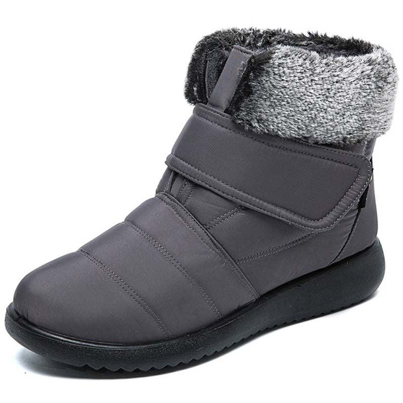 Gray winter ankle boot with black sole and soft gray faux fur cuff