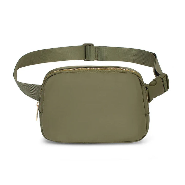 olive green waist bag with adjustable strap and zipper closure on white background