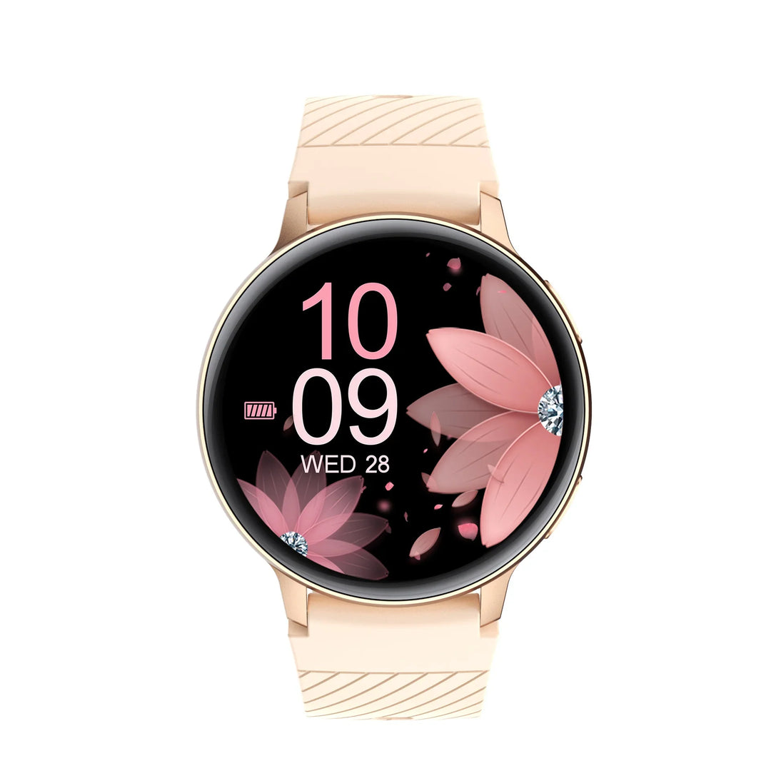 Rose gold smartwatch with a pink flower watch face and beige textured strap