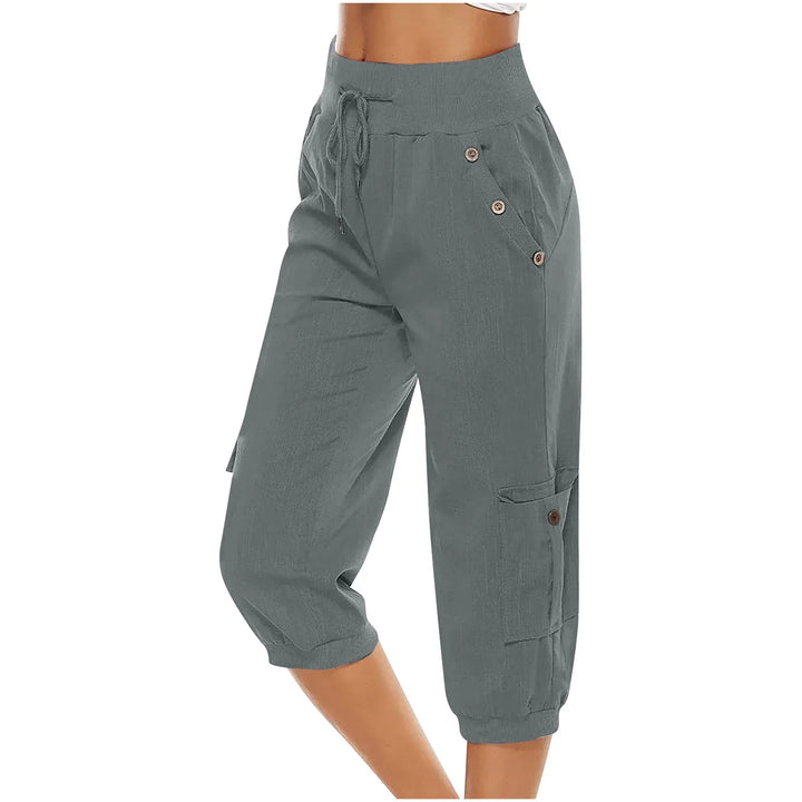 Women’s casual cropped pants in gray with button pocket details and a drawstring waistband