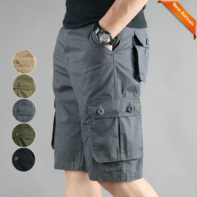 Men's casual cargo shorts in gray with buttoned pockets, available in multiple colors, shown with black watch