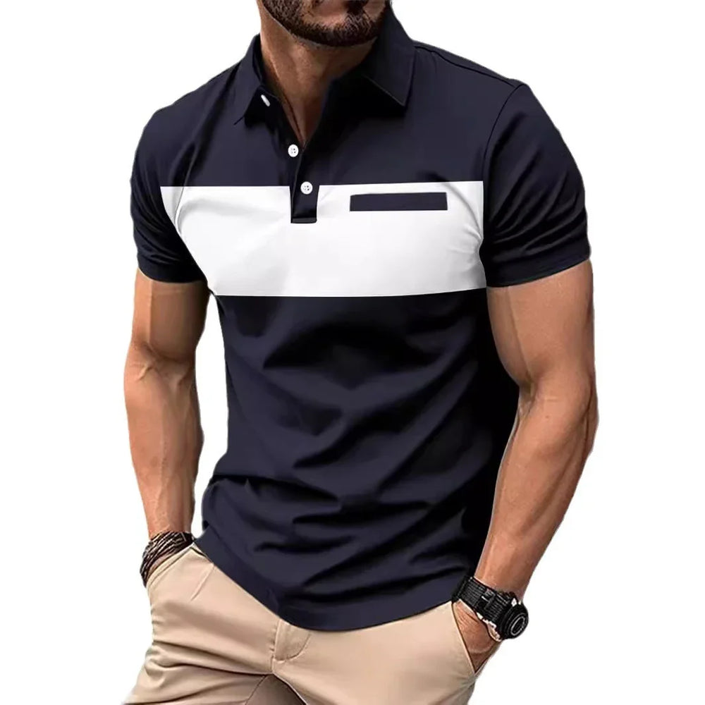 Muscular man wearing navy blue polo shirt with white chest stripe and beige pants