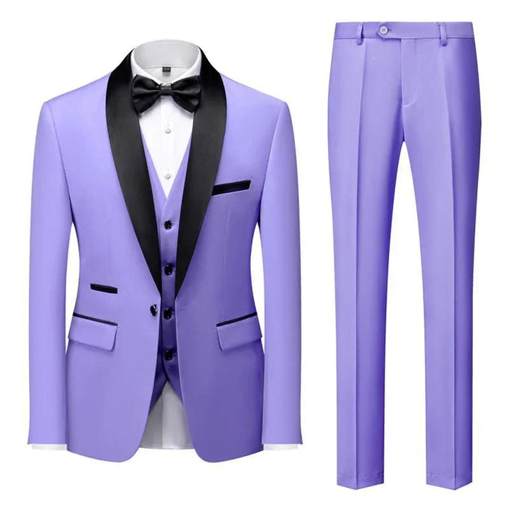 Men's lavender purple tuxedo suit with black satin shawl collar, white shirt, black bow tie, and matching pants