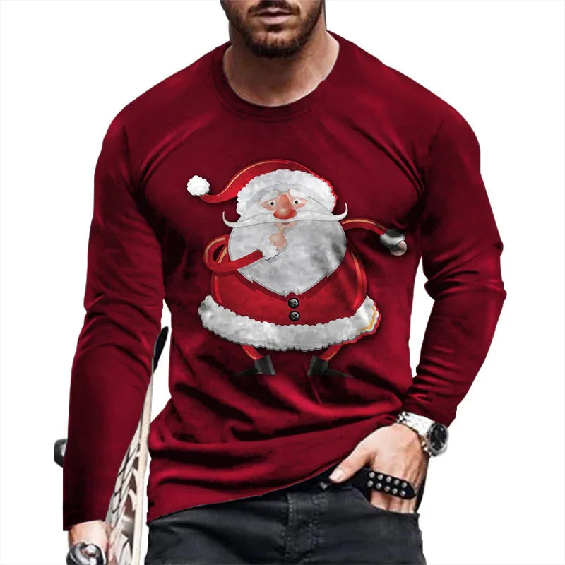 Man wearing a red long-sleeve Christmas sweater with a cartoon Santa Claus design