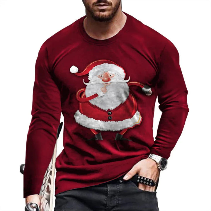 Man wearing a red long-sleeve Christmas sweater with a cartoon Santa Claus design
