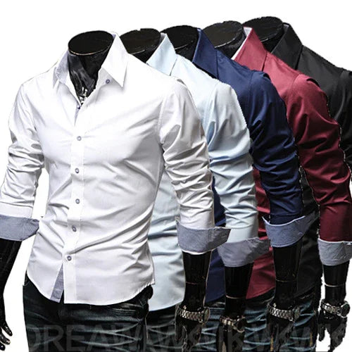 Men's slim fit long sleeve dress shirts in white, light blue, navy, burgundy, and black displayed on mannequins