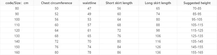 Size chart displaying children's chest, waistline, skirt lengths, and suggested height in centimeters