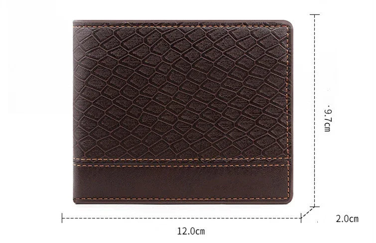 Brown textured leather men's wallet with stitching and size dimensions 12x9.7x2 cm