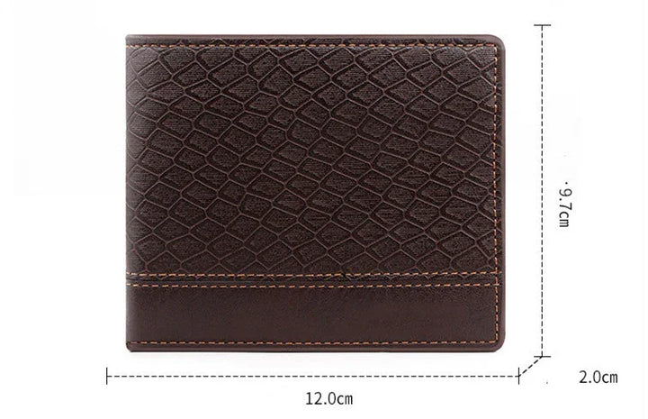 Brown textured leather men's wallet with stitching and size dimensions 12x9.7x2 cm