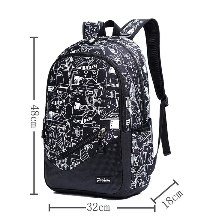 Black and white graphic print backpack with multiple compartments and adjustable straps