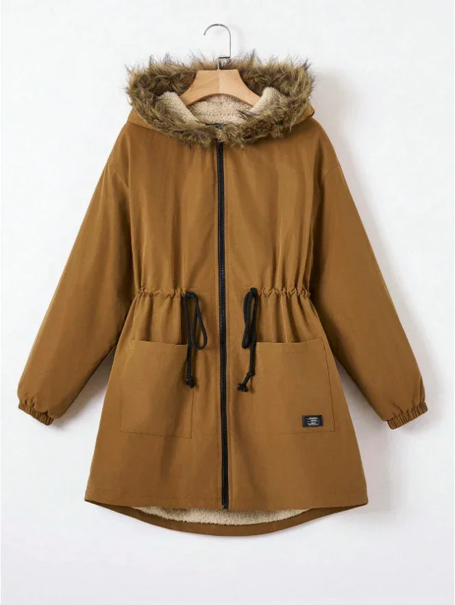Brown hooded winter jacket with fur trim, front zipper, drawstring waist, and large pockets