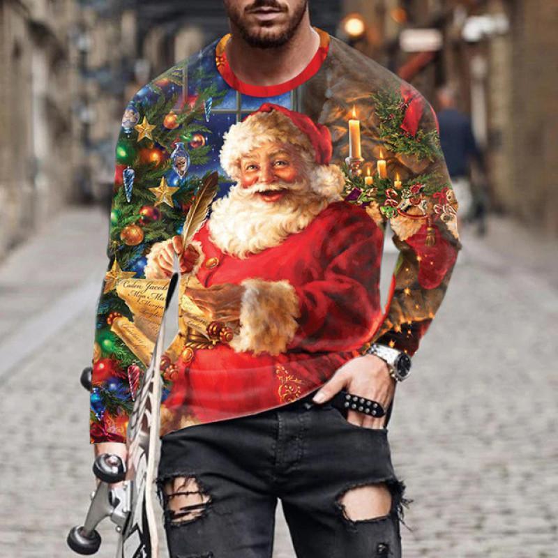 Man wearing festive long-sleeve shirt with large smiling Santa Claus, Christmas tree, candles, and holiday decorations