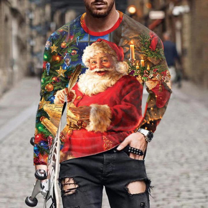 Man wearing festive long-sleeve shirt with large smiling Santa Claus, Christmas tree, candles, and holiday decorations