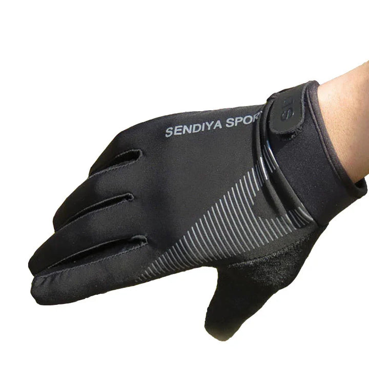 Black SENDIYA SPORT glove with gray stripes and adjustable wrist strap on hand