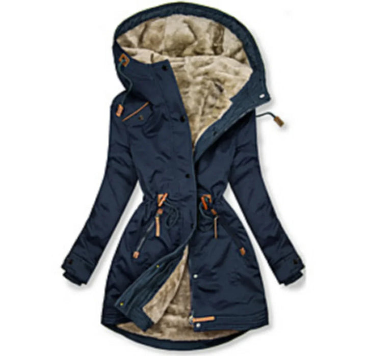 Navy blue winter parka jacket with beige faux fur lining and adjustable waist drawstring