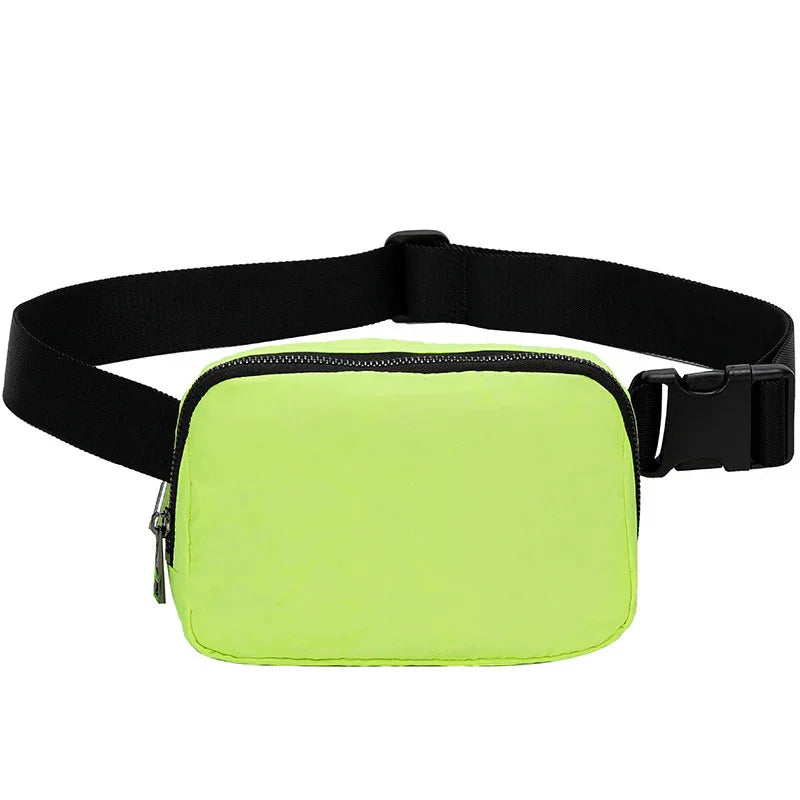 Neon green waist bag with black adjustable strap and zipper closure