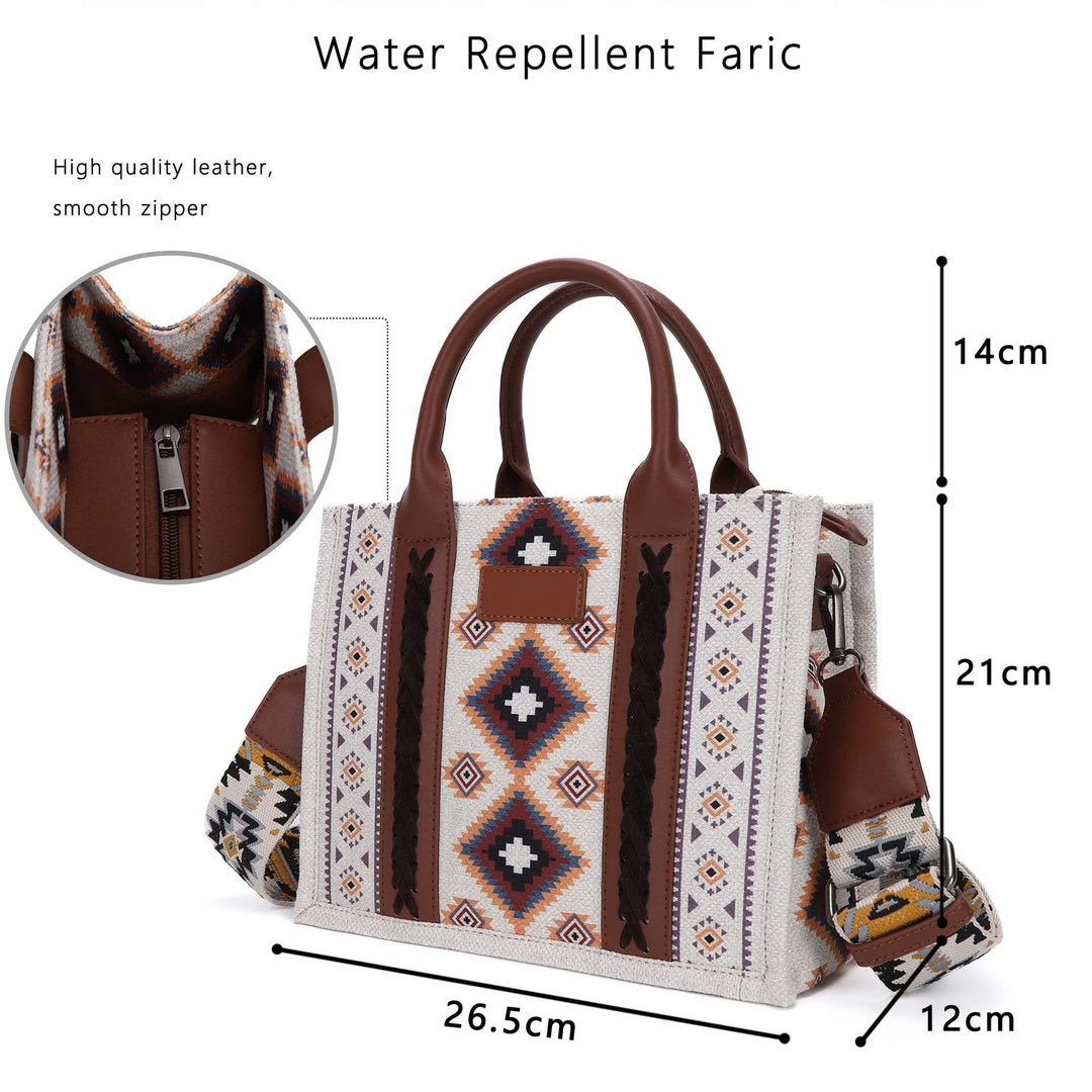 Small water repellent tote bag with tribal pattern, brown leather handles, and adjustable strap