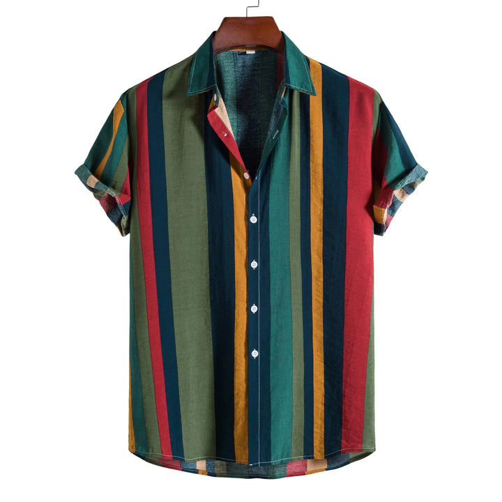 Colorful vertical striped short sleeve button-up shirt on wooden hanger