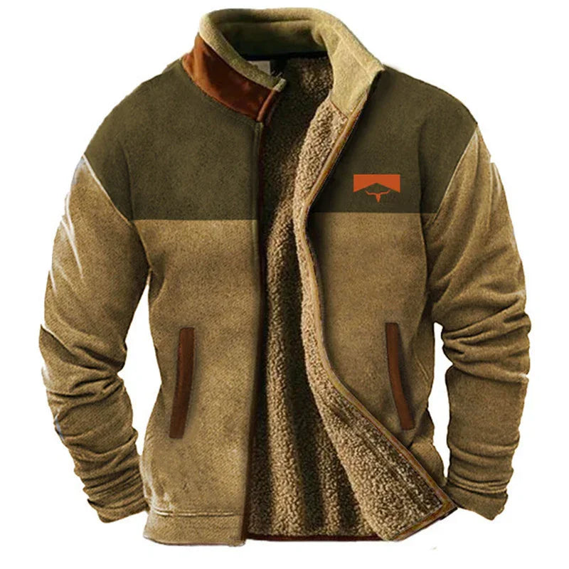Men's two-tone brown fleece jacket with sherpa lining, zip front, and contrasting collar detail