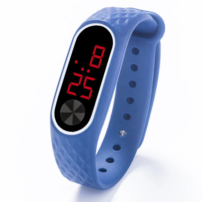 Blue digital LED wristwatch with textured silicone band and red time display on black screen
