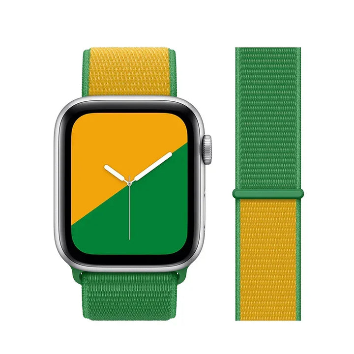 Smartwatch with silver case and yellow-green nylon sport loop band, matching vibrant watch face colors