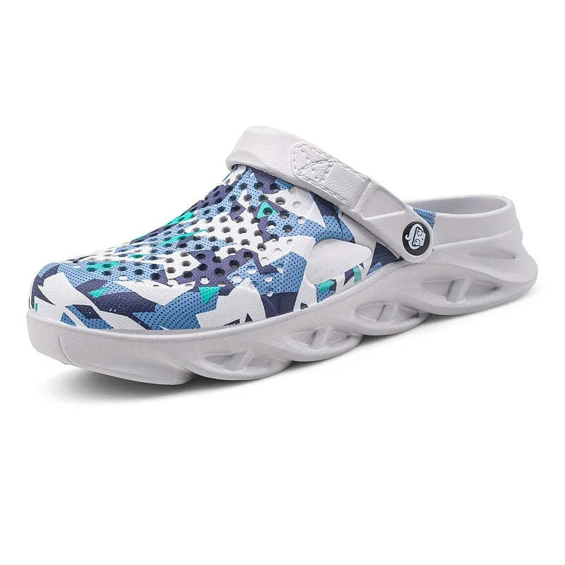 white and blue camo slip-on clog with ventilation holes and adjustable heel strap