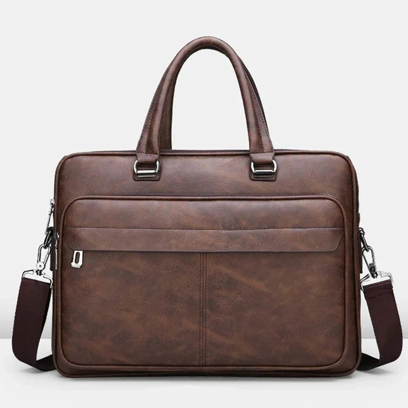 brown leather briefcase bag with handles and detachable shoulder strap on white background