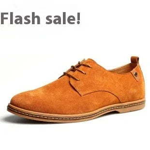Brown suede men's casual lace-up shoe on white background with Flash sale text