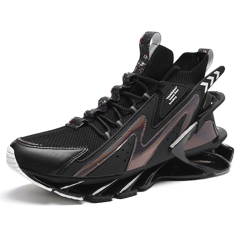 Black futuristic sports sneaker with mesh fabric, reflective accents, and uniquely designed sole