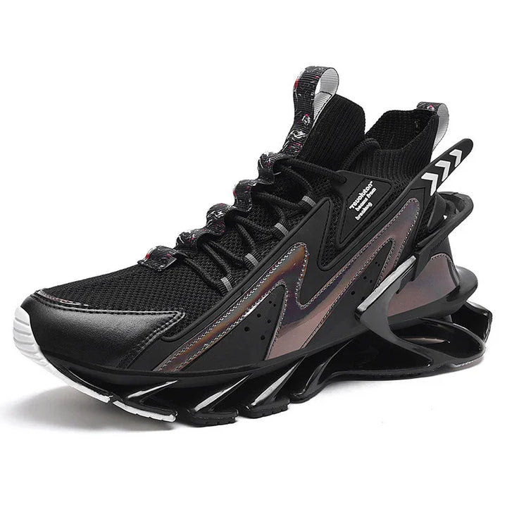 Black futuristic sports sneaker with mesh fabric, reflective accents, and uniquely designed sole