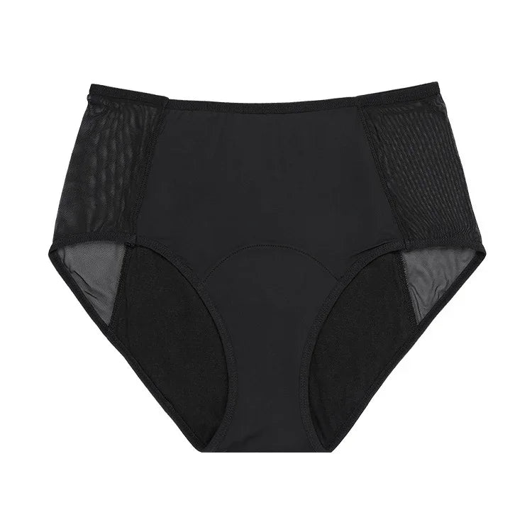Black high-waisted women's underwear with mesh side panels on white background